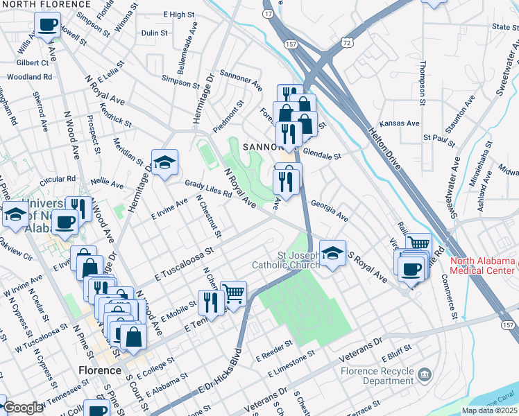 map of restaurants, bars, coffee shops, grocery stores, and more near 827 East Tuscaloosa Street in Florence