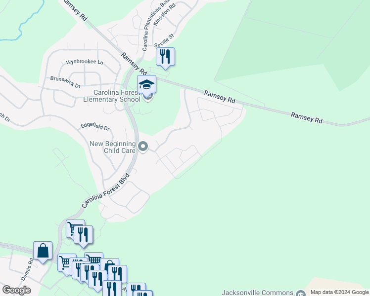 map of restaurants, bars, coffee shops, grocery stores, and more near 600 Springwood Drive in Jacksonville