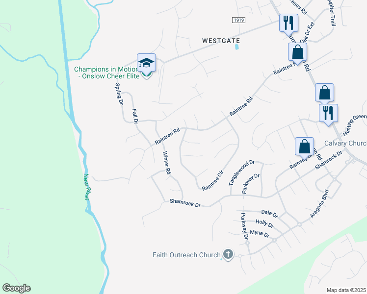 map of restaurants, bars, coffee shops, grocery stores, and more near 107 Raintree Circle in Jacksonville