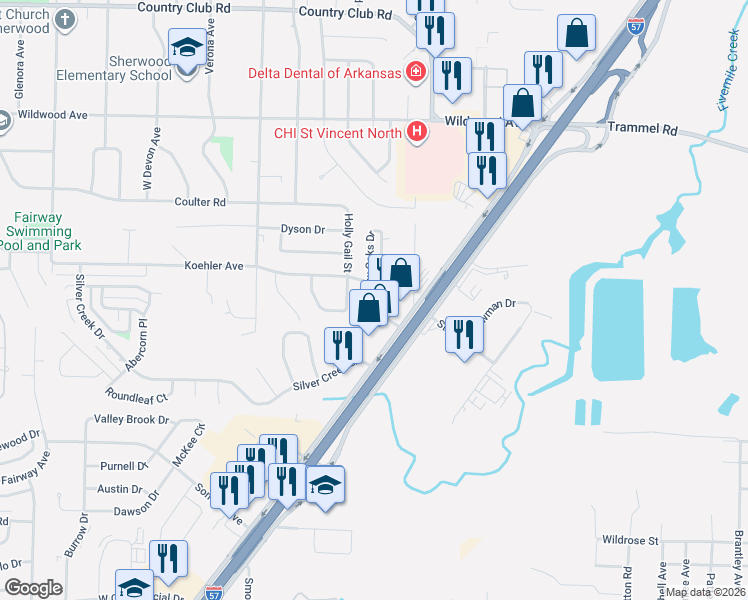 map of restaurants, bars, coffee shops, grocery stores, and more near 206 Shadow Oaks Drive in Sherwood