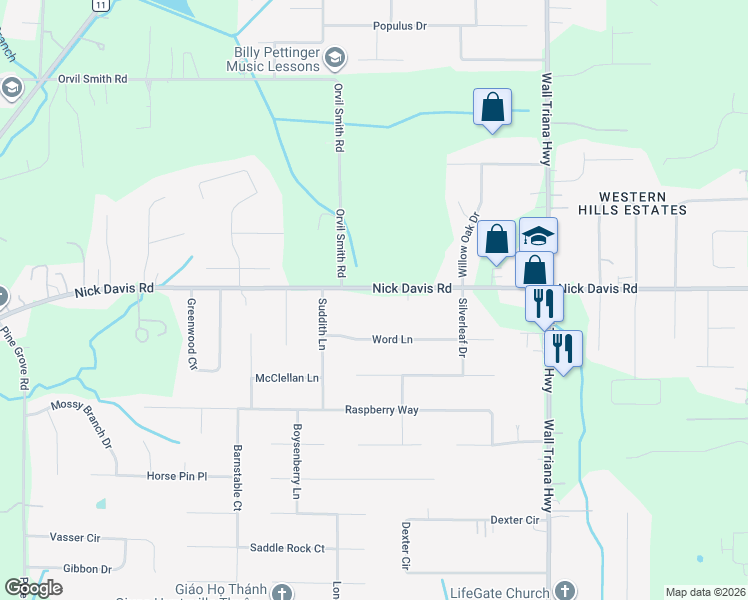map of restaurants, bars, coffee shops, grocery stores, and more near 107 Word Lane in Harvest