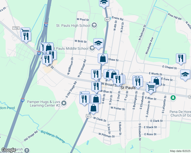 map of restaurants, bars, coffee shops, grocery stores, and more near 503 West Armfield Street in Saint Pauls
