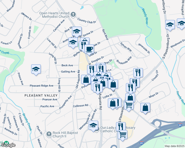 map of restaurants, bars, coffee shops, grocery stores, and more near 3214 Augusta Street in Greenville