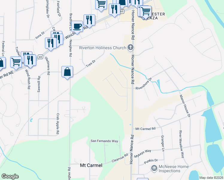 map of restaurants, bars, coffee shops, grocery stores, and more near Homer Nance Road in Huntsville