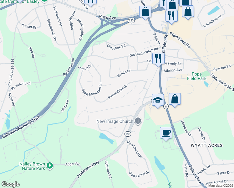 map of restaurants, bars, coffee shops, grocery stores, and more near 157 Upward Way in Easley