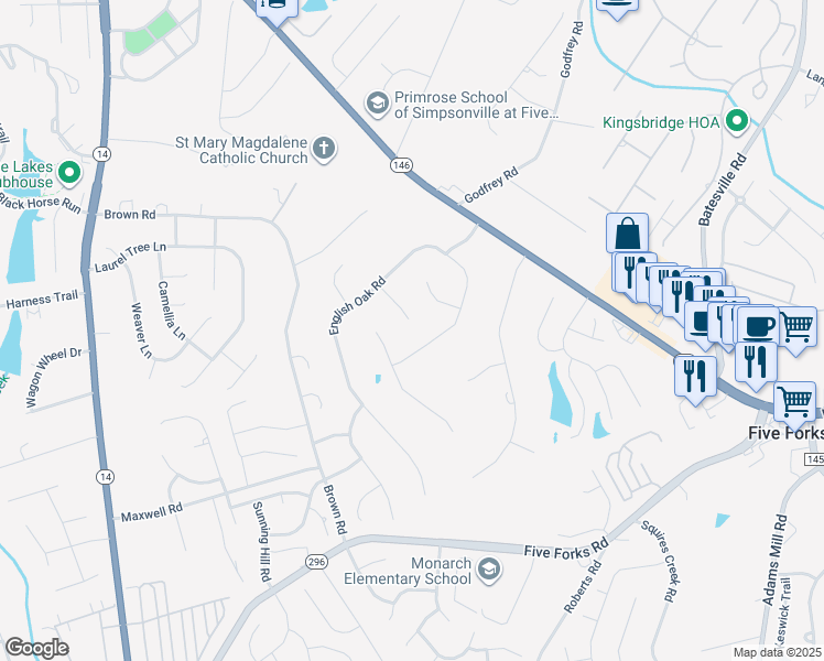 map of restaurants, bars, coffee shops, grocery stores, and more near 217 Millstone Way in Simpsonville