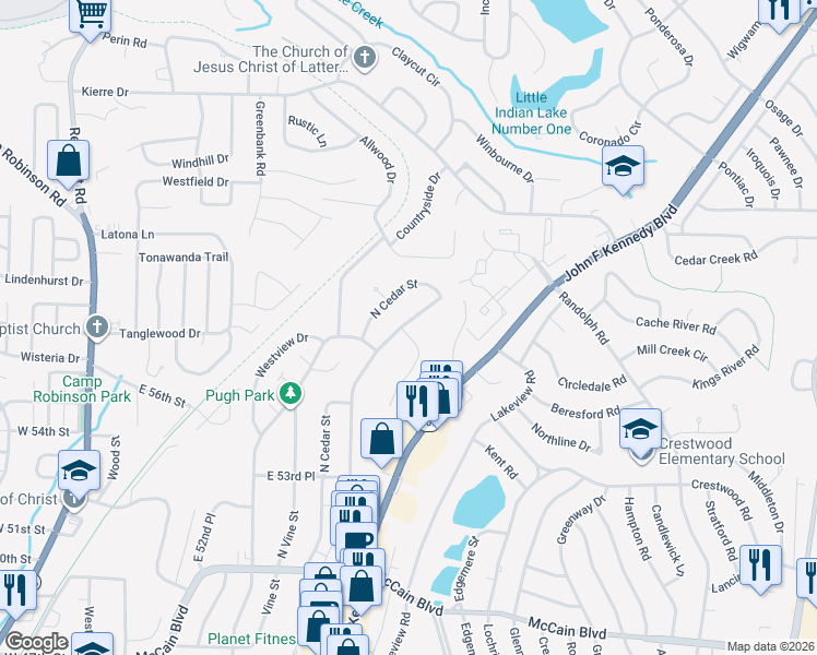 map of restaurants, bars, coffee shops, grocery stores, and more near 5709 Belle Point Road in North Little Rock