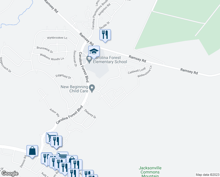 map of restaurants, bars, coffee shops, grocery stores, and more near 804 Springwood Drive in Jacksonville