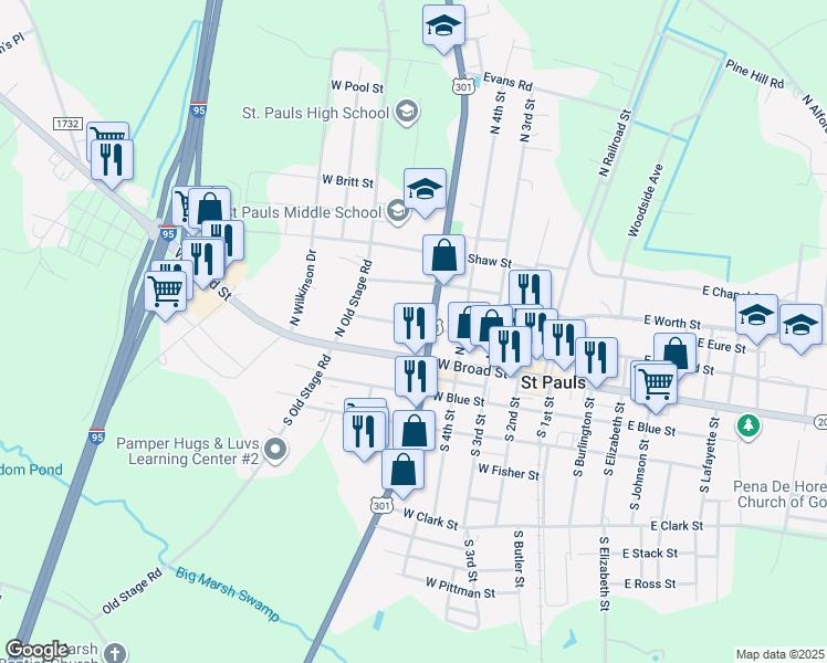 map of restaurants, bars, coffee shops, grocery stores, and more near 503 West Armfield Street in Saint Pauls