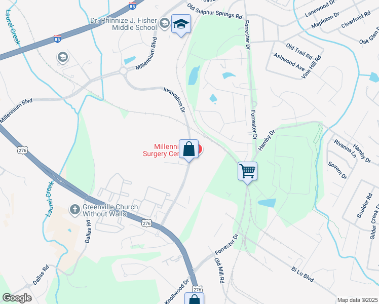 map of restaurants, bars, coffee shops, grocery stores, and more near Innovation Drive in Greenville