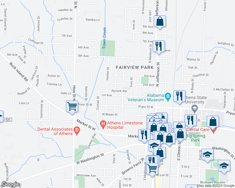 map of restaurants, bars, coffee shops, grocery stores, and more near 716 1st Avenue in Athens