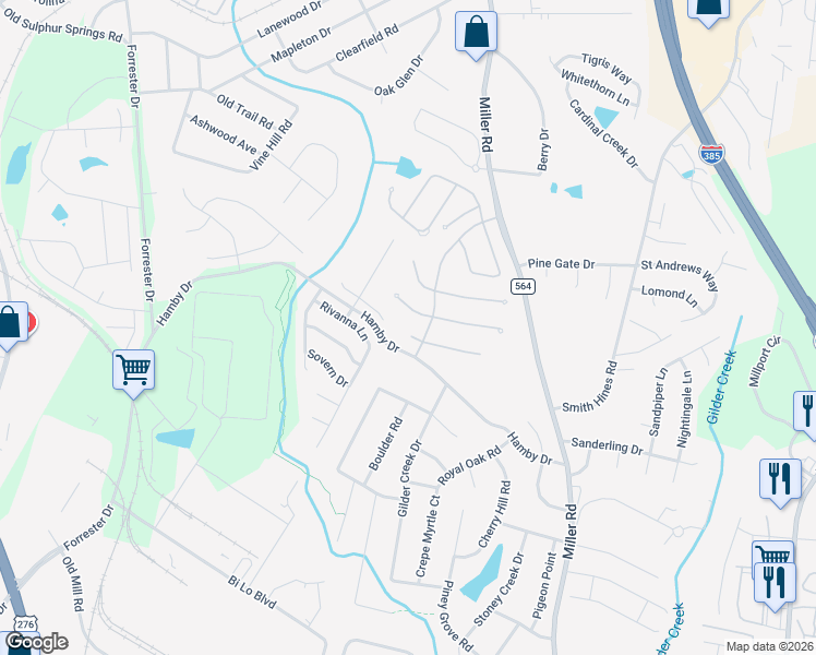 map of restaurants, bars, coffee shops, grocery stores, and more near 414 Hamby Drive in Greenville
