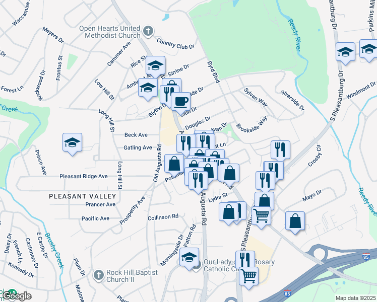 map of restaurants, bars, coffee shops, grocery stores, and more near 3214 Augusta Street in Greenville