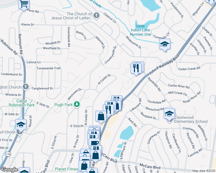 map of restaurants, bars, coffee shops, grocery stores, and more near 5709 Belle Point Road in North Little Rock