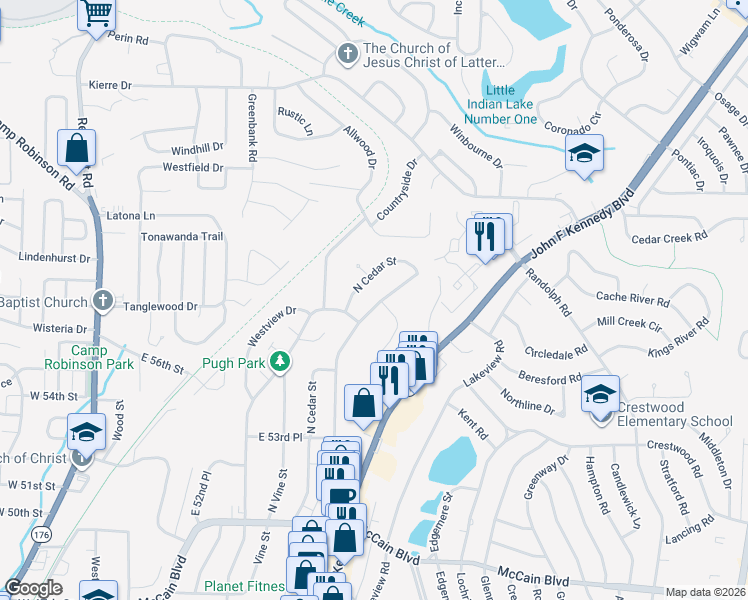 map of restaurants, bars, coffee shops, grocery stores, and more near 5701 North Walnut Road in North Little Rock