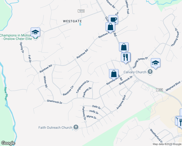 map of restaurants, bars, coffee shops, grocery stores, and more near 306 Cedar Creek Drive in Jacksonville