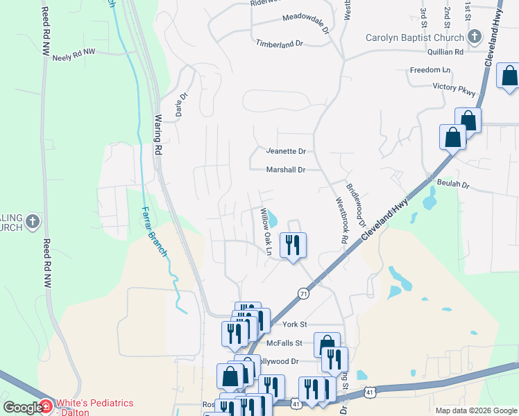 map of restaurants, bars, coffee shops, grocery stores, and more near 1705 Chestnut Oak Drive in Dalton