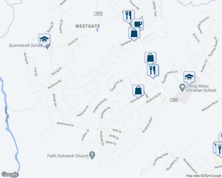 map of restaurants, bars, coffee shops, grocery stores, and more near 304 Cedar Creek Drive in Jacksonville