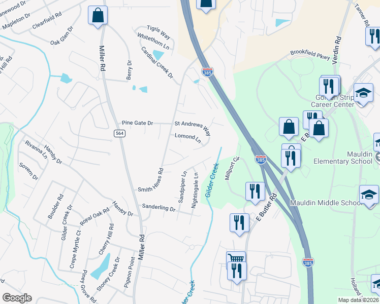 map of restaurants, bars, coffee shops, grocery stores, and more near 121 Saint Andrews Way in Greenville