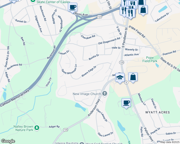 map of restaurants, bars, coffee shops, grocery stores, and more near 249 Rivers Edge Drive in Easley