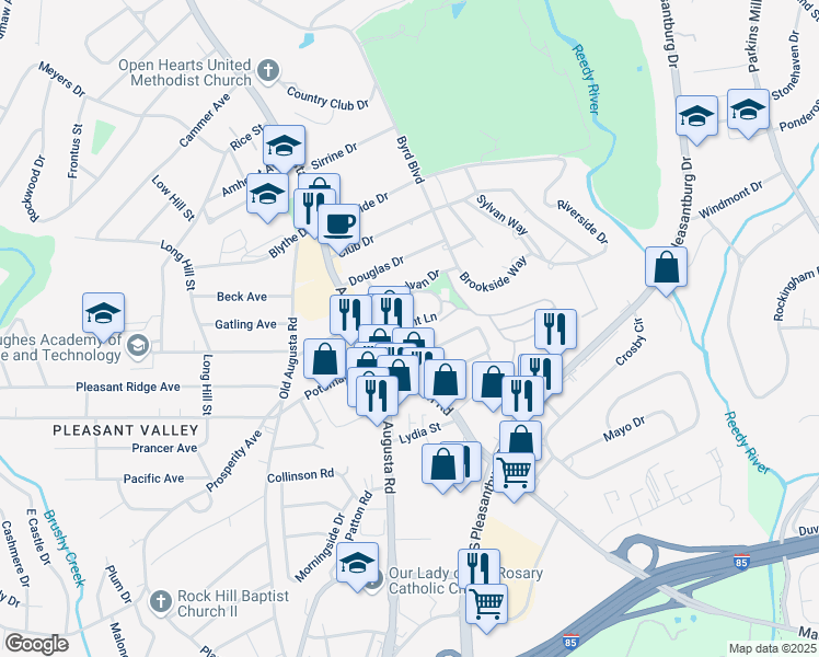 map of restaurants, bars, coffee shops, grocery stores, and more near 20 Wilmont Lane in Greenville