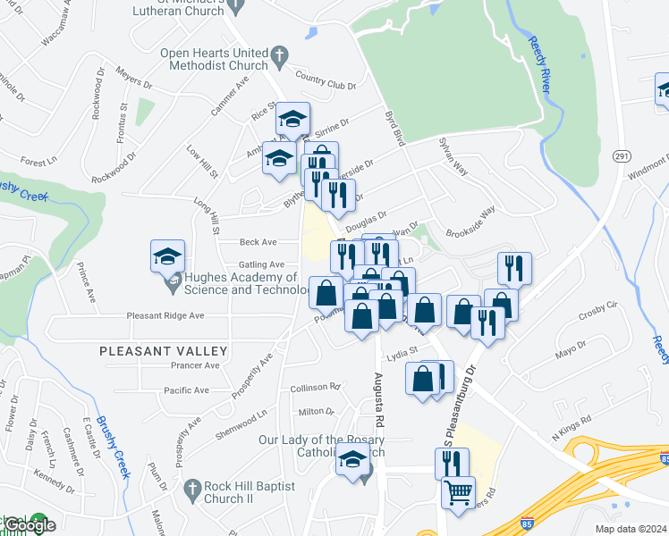 map of restaurants, bars, coffee shops, grocery stores, and more near 12 Crystal Avenue in Greenville