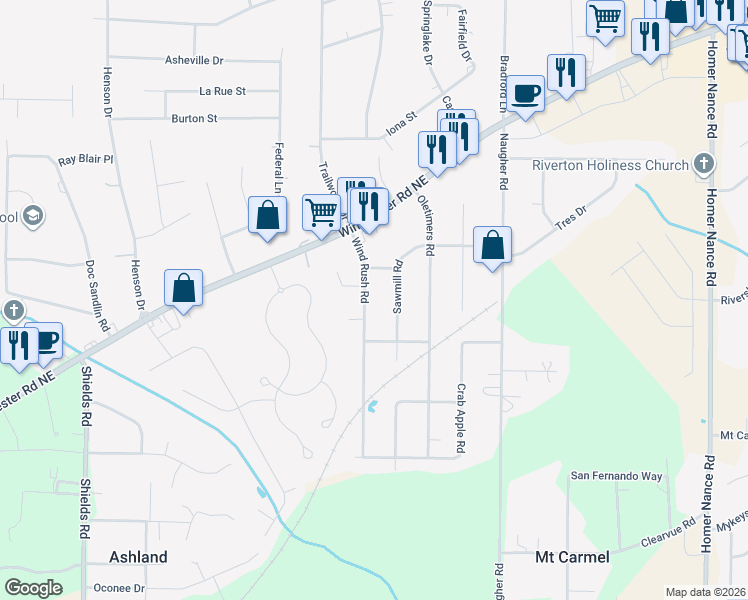 map of restaurants, bars, coffee shops, grocery stores, and more near 108 Wind Rush Road in Huntsville