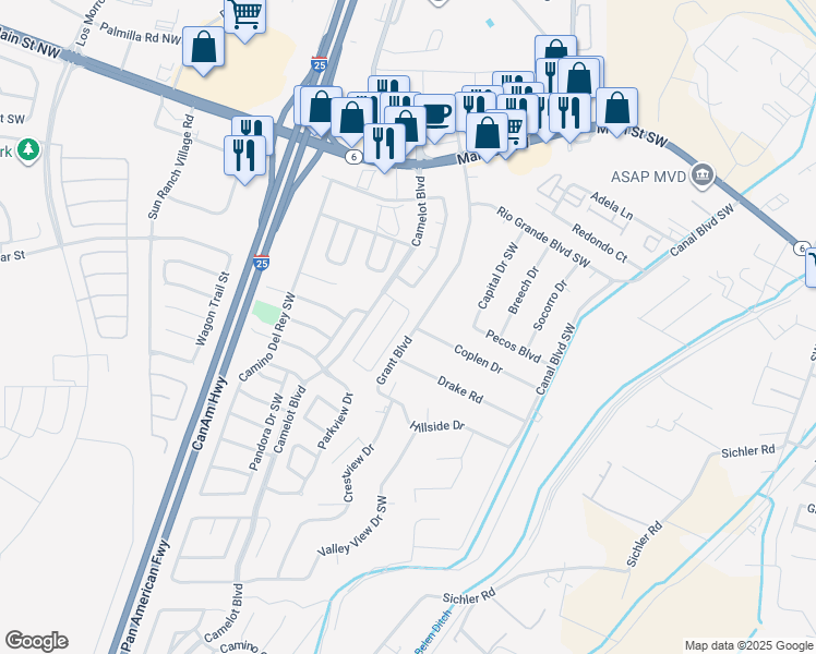 map of restaurants, bars, coffee shops, grocery stores, and more near 711 Grant Boulevard in Los Lunas