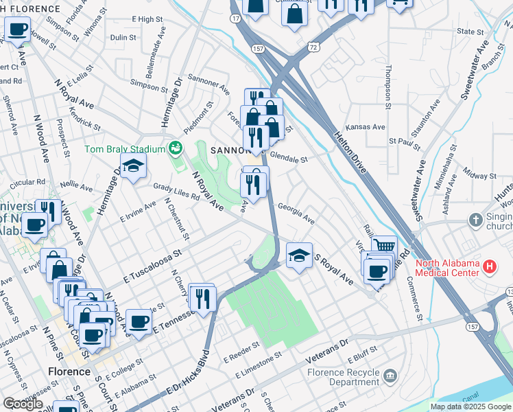 map of restaurants, bars, coffee shops, grocery stores, and more near 601 Sannoner Avenue in Florence
