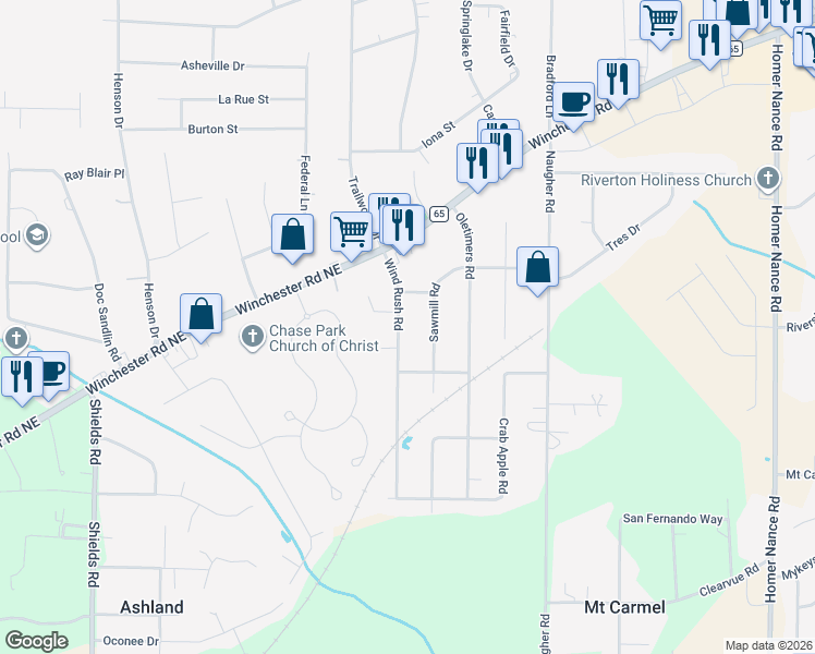map of restaurants, bars, coffee shops, grocery stores, and more near 108 Wind Rush Road in Huntsville