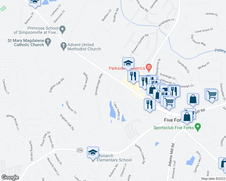 map of restaurants, bars, coffee shops, grocery stores, and more near 12 Woodruff Lake Way in Simpsonville
