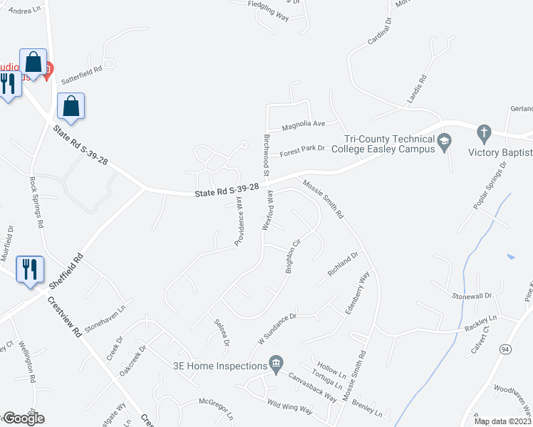 map of restaurants, bars, coffee shops, grocery stores, and more near 102 Amberly Court in Easley