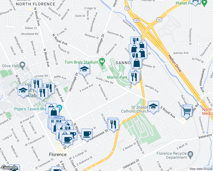map of restaurants, bars, coffee shops, grocery stores, and more near 439 North Magnolia Street in Florence
