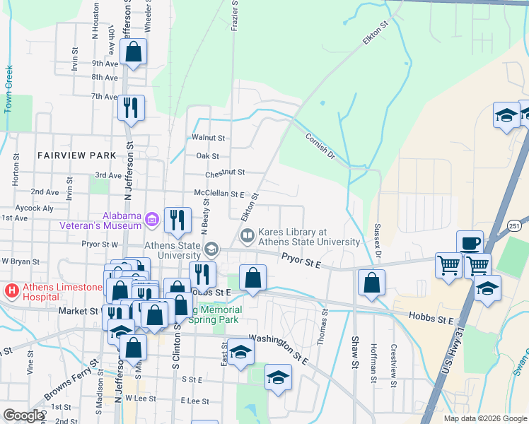 map of restaurants, bars, coffee shops, grocery stores, and more near 500 Elkton Street in Athens