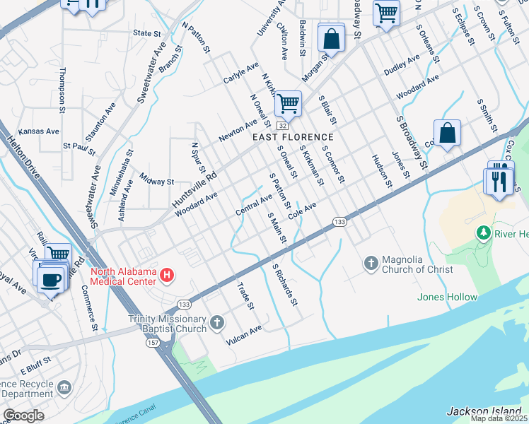 map of restaurants, bars, coffee shops, grocery stores, and more near 312 South Main Street in Florence