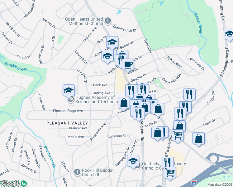 map of restaurants, bars, coffee shops, grocery stores, and more near 201 Old Augusta Road in Greenville