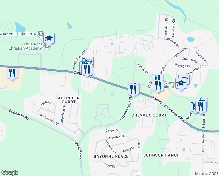map of restaurants, bars, coffee shops, grocery stores, and more near 18020 Cantrell Road in Little Rock