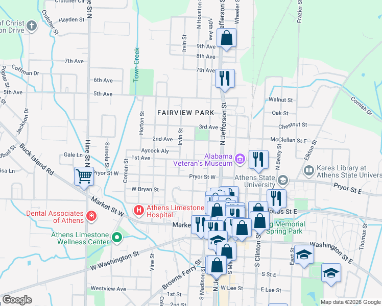 map of restaurants, bars, coffee shops, grocery stores, and more near 515 North Houston Street in Athens