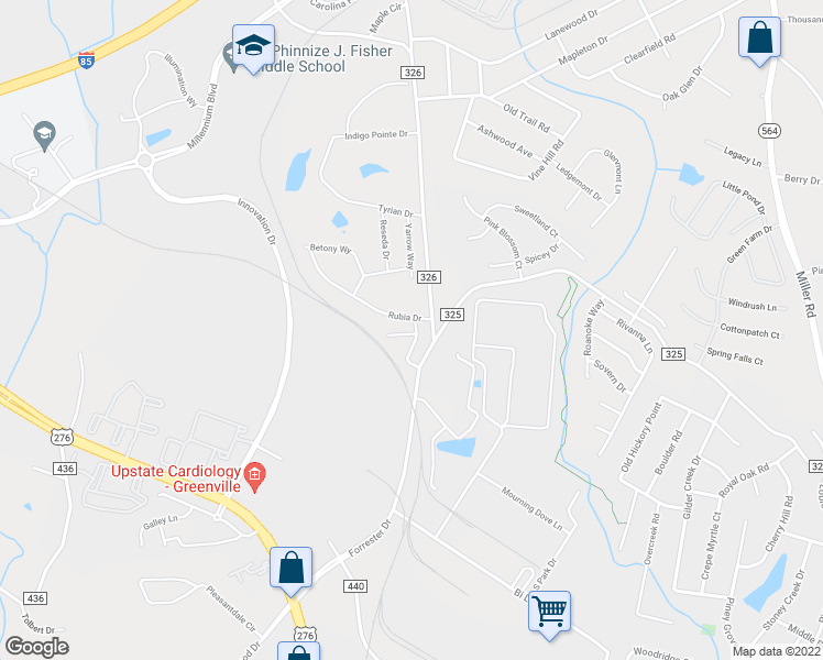 map of restaurants, bars, coffee shops, grocery stores, and more near 650 Forrester Drive in Greenville