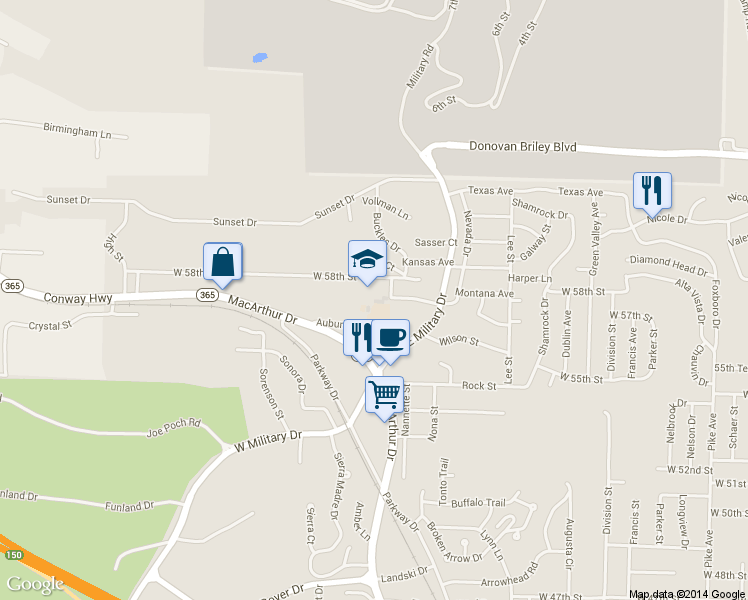 map of restaurants, bars, coffee shops, grocery stores, and more near 2400 West 58th Street in North Little Rock