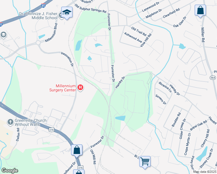 map of restaurants, bars, coffee shops, grocery stores, and more near 650 Forrester Drive in Greenville