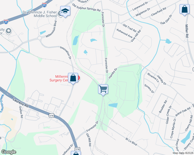 map of restaurants, bars, coffee shops, grocery stores, and more near 218 Rubia Drive in Greenville