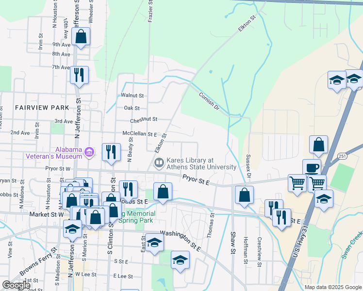 map of restaurants, bars, coffee shops, grocery stores, and more near 600 East McClellan Street in Athens