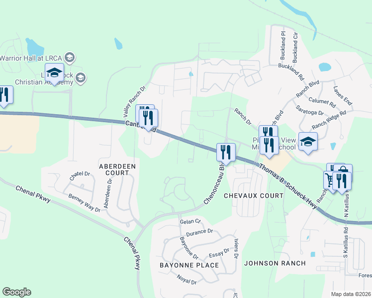 map of restaurants, bars, coffee shops, grocery stores, and more near 18020 Cantrell Road in Little Rock