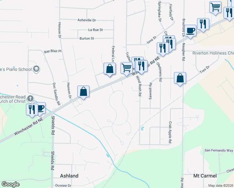 map of restaurants, bars, coffee shops, grocery stores, and more near 1708 Winchester Road Northeast in Huntsville