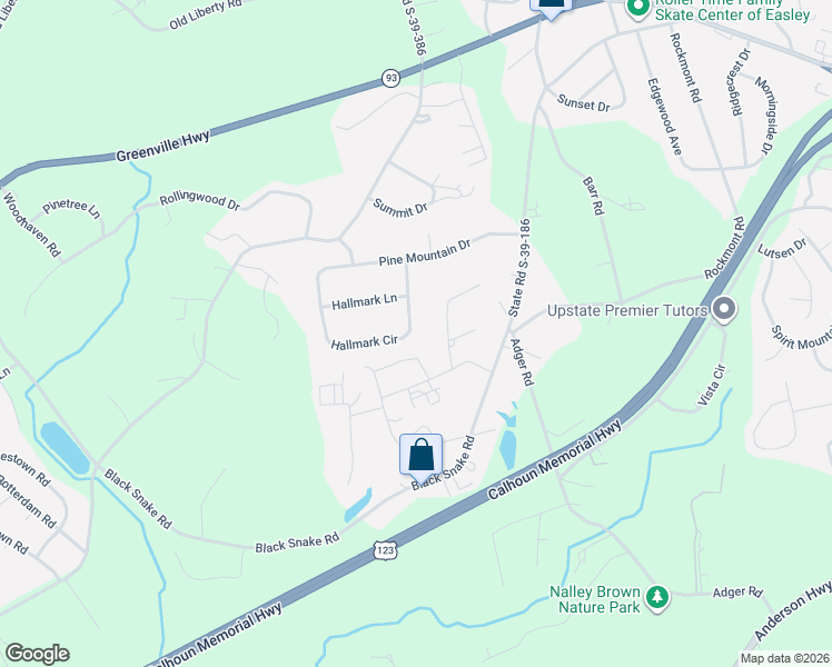 map of restaurants, bars, coffee shops, grocery stores, and more near 130 Hallmark Lane in Easley