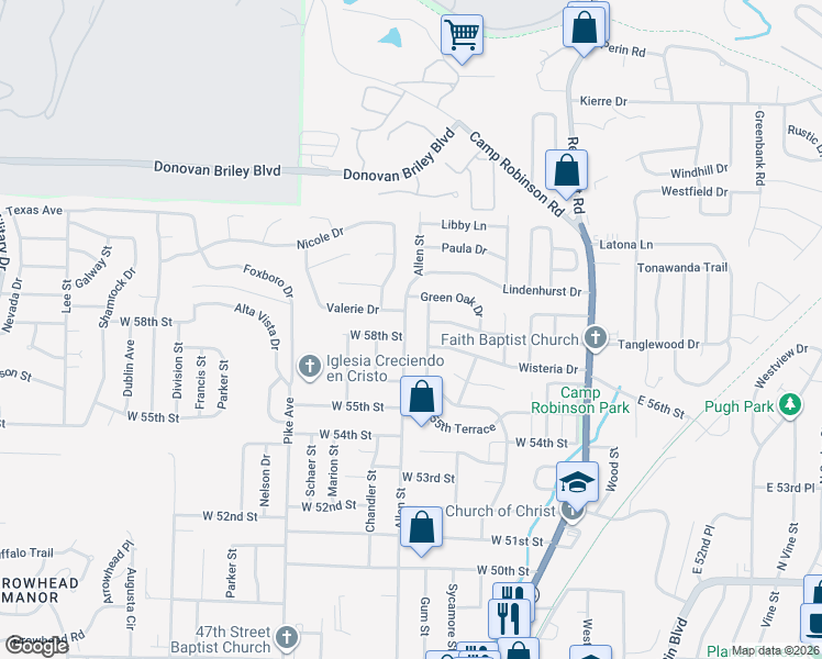 map of restaurants, bars, coffee shops, grocery stores, and more near 5905 Granby Road in North Little Rock
