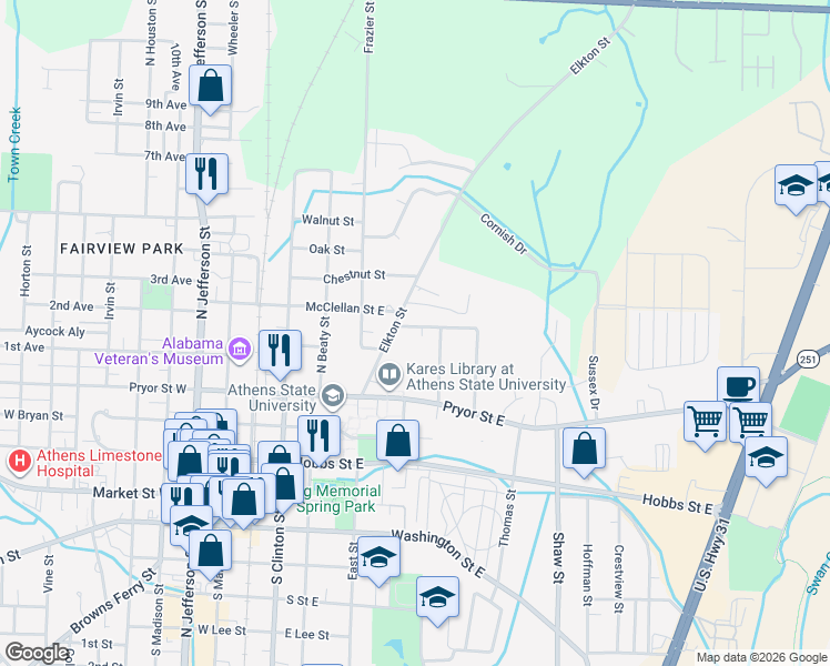 map of restaurants, bars, coffee shops, grocery stores, and more near 500 Elkton Street in Athens