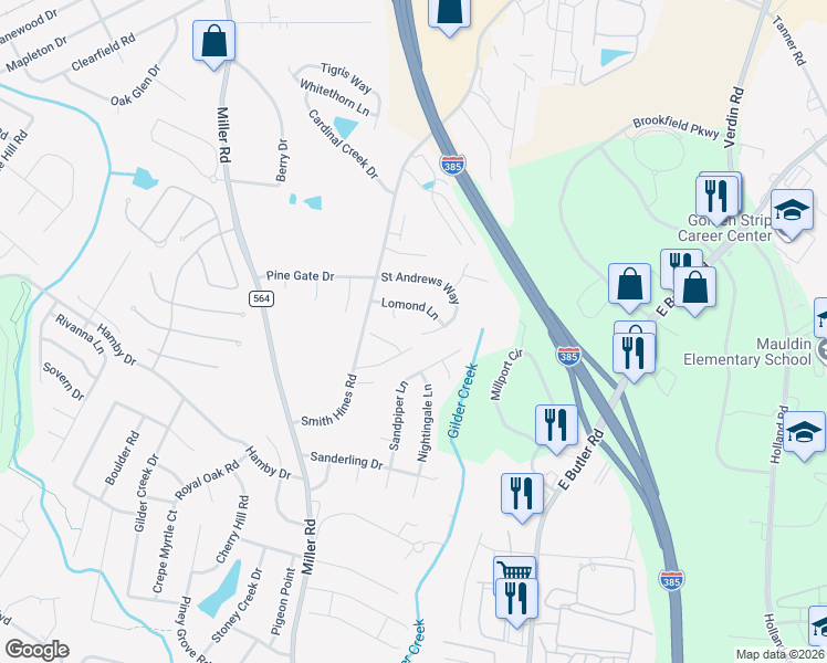 map of restaurants, bars, coffee shops, grocery stores, and more near 110 Lomond Lane in Greenville