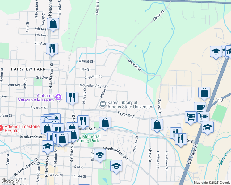 map of restaurants, bars, coffee shops, grocery stores, and more near 600 East McClellan Street in Athens
